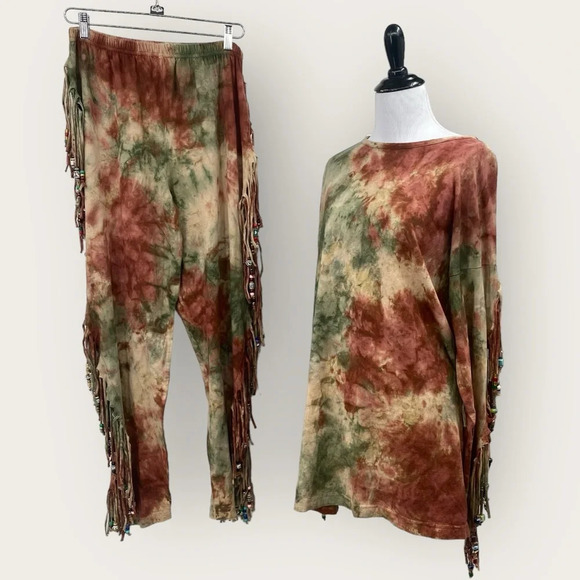Fashion Collage Fringe Top‎ & Pull-on Pants Set OSFM Red Tie Dye Beaded Hippie - Picture 4 of 16